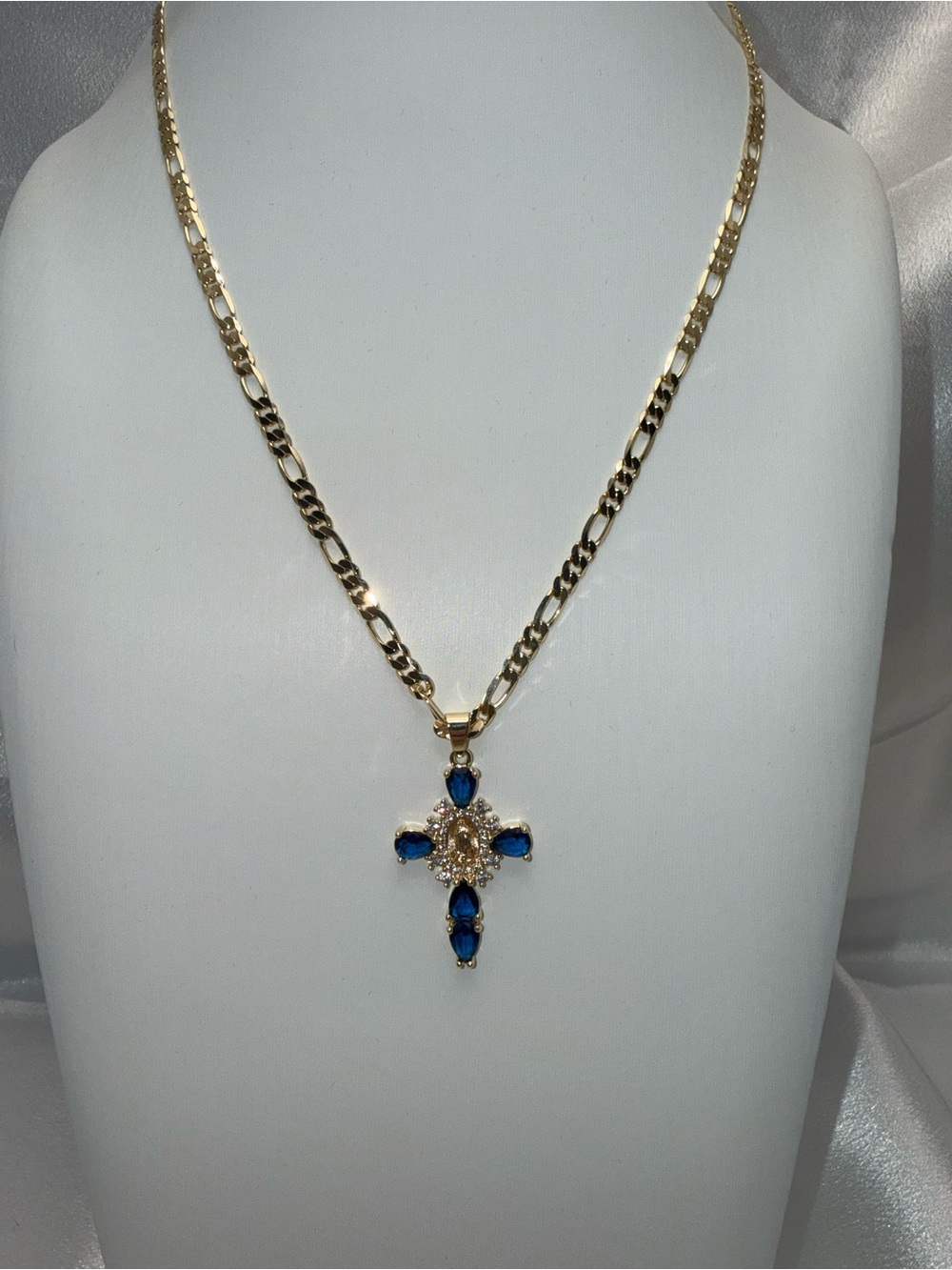 18K Gold Dipped Blue Sapphire AAA CZ Mother Mary Cross Necklace